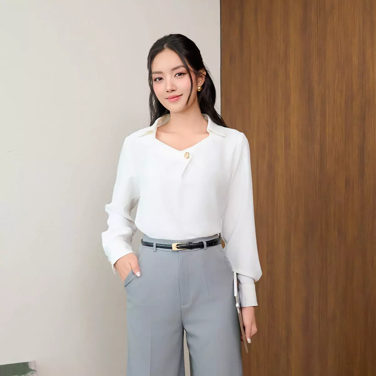 Áo Kiểu Nữ GUMAC Form Suông Tay Dài Măng Set Cổ Vuông Lá Cổ Sơ Mi Lụa Ý Mềm Tiểu Thư AF07028