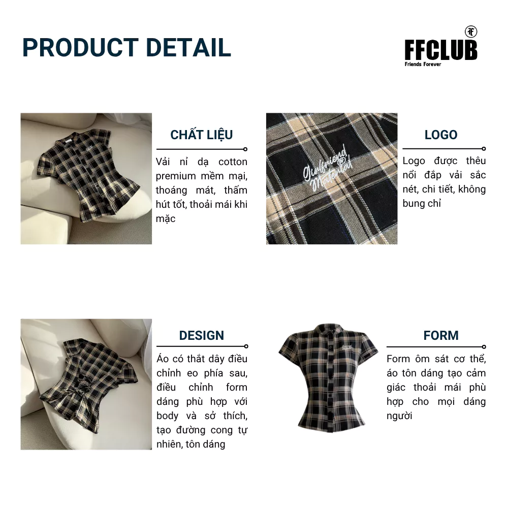Áo sơ mi Caro chiết eo ôm tôn dáng đằng sau Thêu GIRL FRIEND FFCLUB