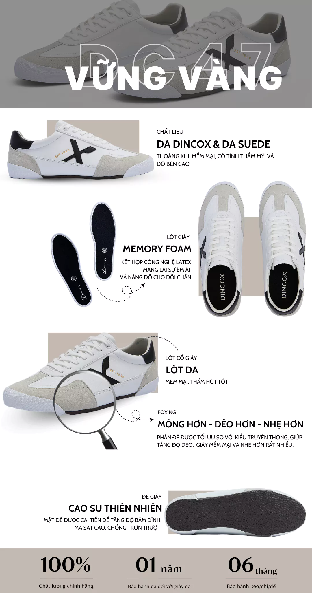 Giày Sneaker Nam Nữ Dincox DC47 WHITE/ BLACK Micro Suede Kết Hợp Da Shoes Đế Bằng, Bền Và Nhẹ Hơn