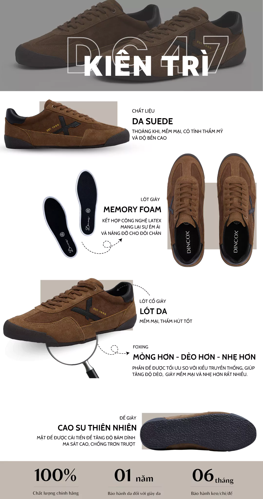 Giày Nam Sneaker Da Micro Suede Dincox DC47 BROWN Shoes Đế Bằng, Bền Và Nhẹ Hơn