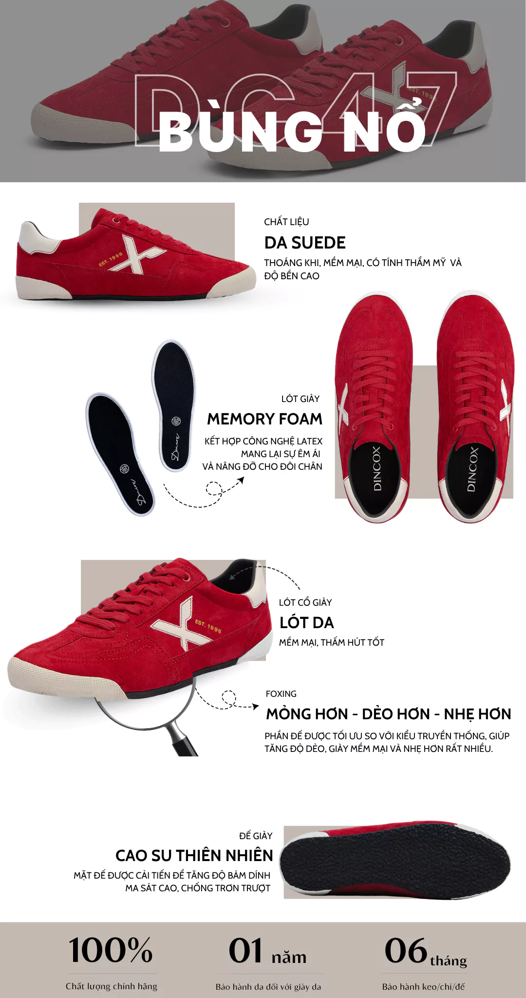 Giày Sneaker Nam Nữ Dincox DC47 RED Micro Suede Thời Thượng Shoes Đế Bằng, Bền Và Nhẹ Hơn