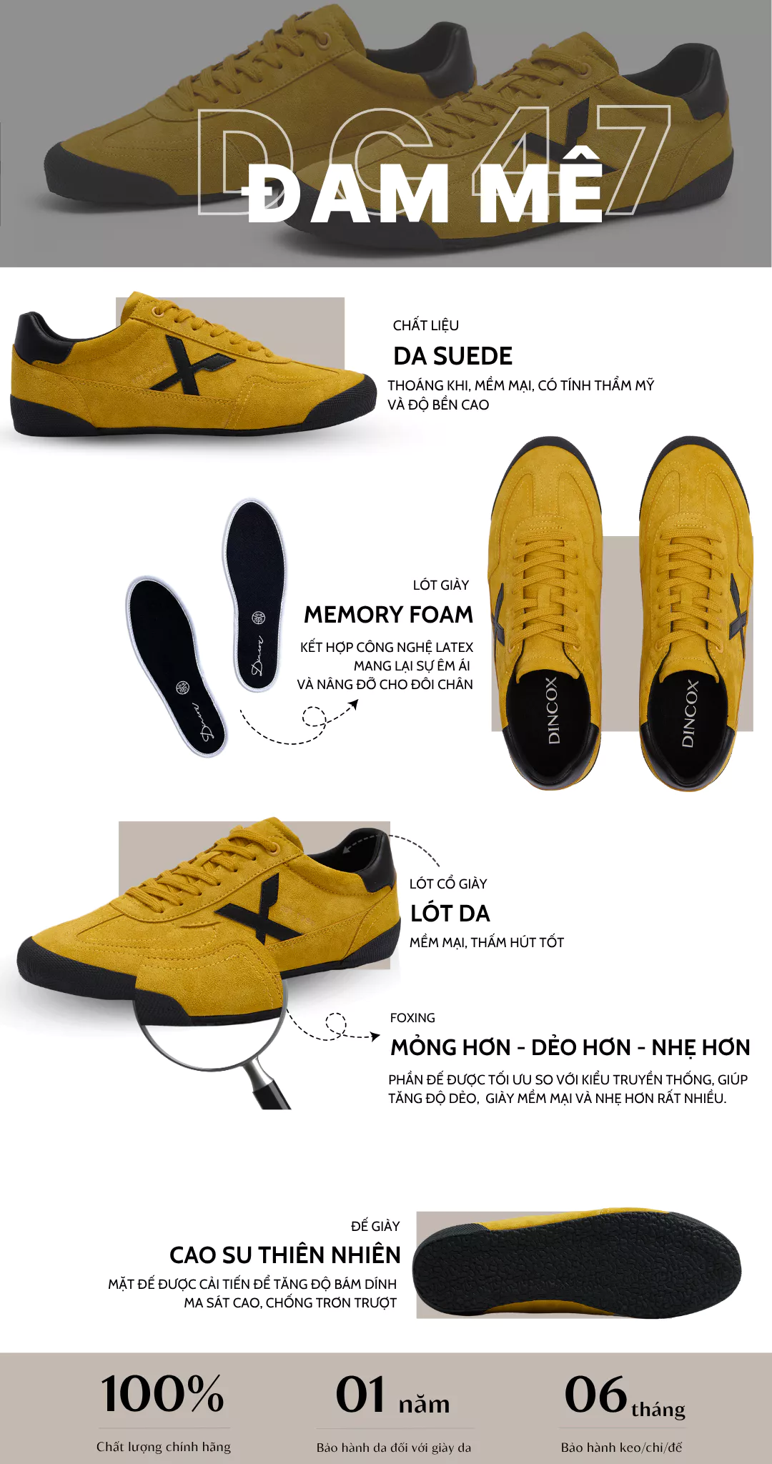 Giày Sneaker Nam Nữ Dincox DC47 YELLOW Micro Suede Thời Thượng Shoes Đế Bằng, Bền Và Nhẹ Hơn