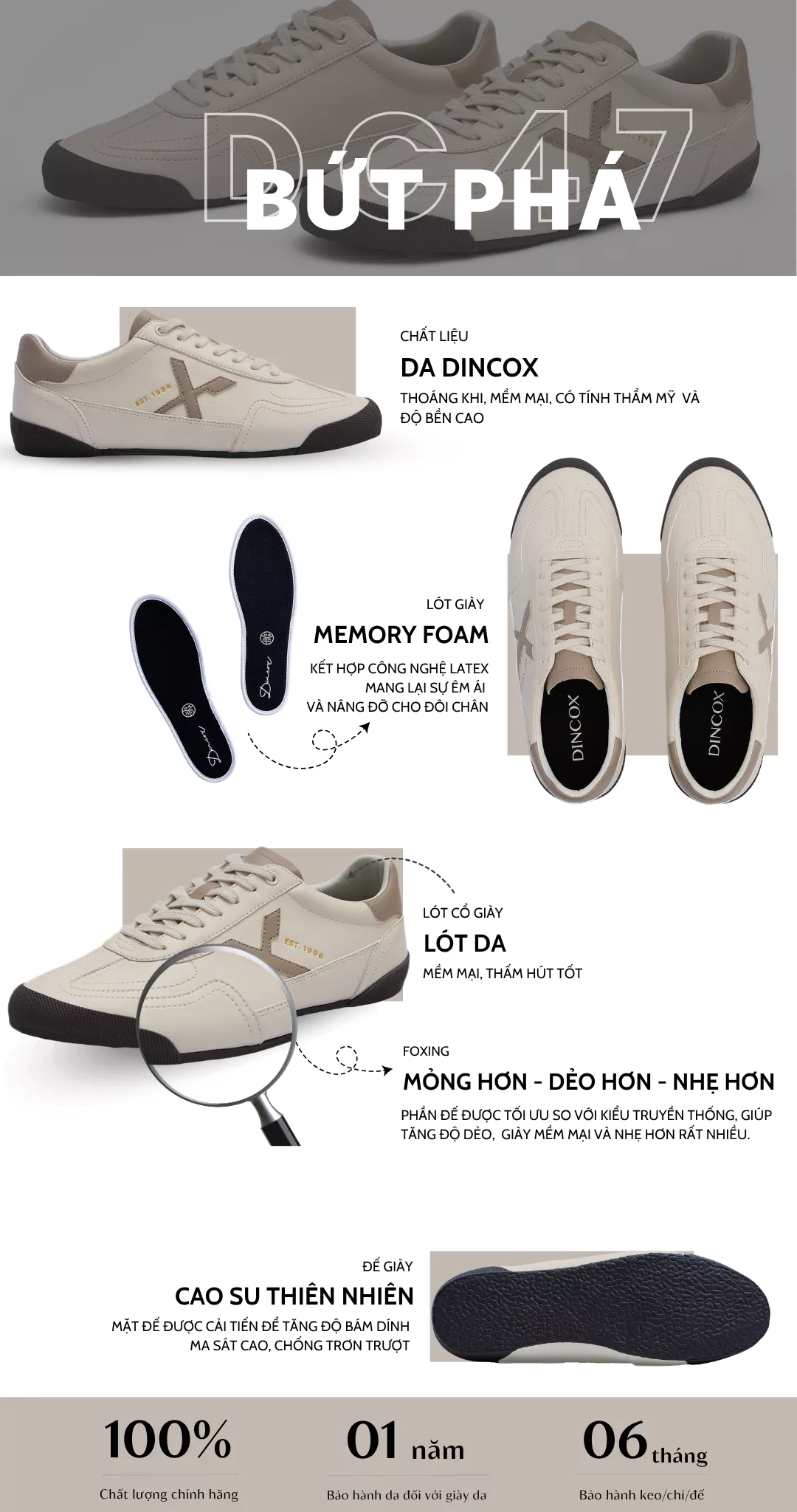 Giày Sneaker Da Nam Nữ Dincox DC47 BEIGE/TAUPE Shoes Đế Bằng, Bền Và Nhẹ Hơn