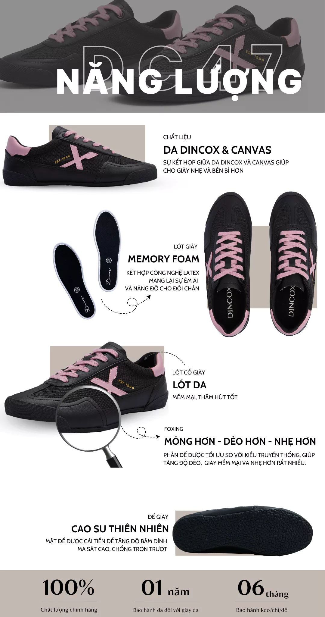 Giày Sneaker Nữ Dincox DC47 BLACK/ PINK Micro Suede Kết Hợp Canvas Shoes Đế Bằng, Bền Và Nhẹ Hơn