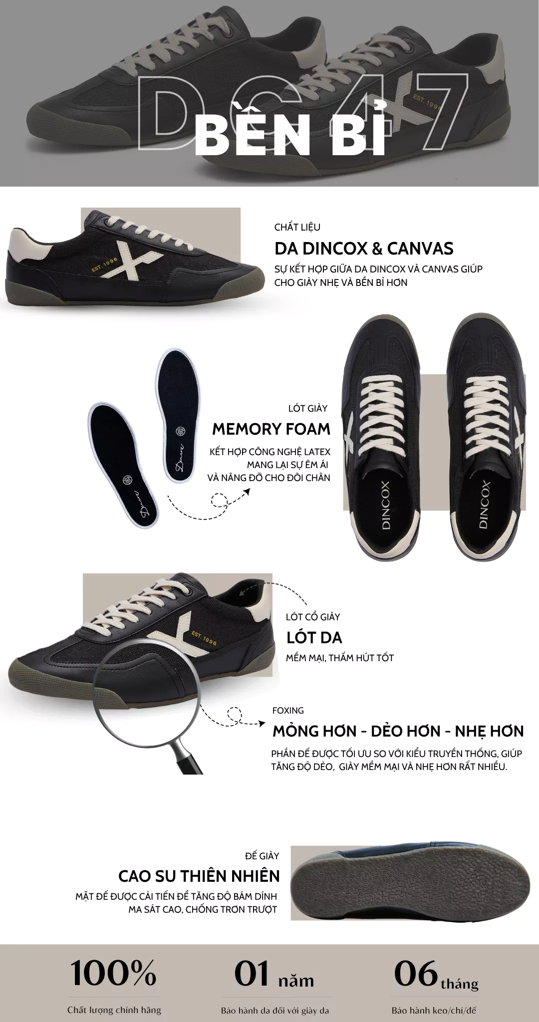 Giày Nam Sneaker Dincox DC47 BLACK/BEIGE Micro Suede Kết Hợp Canvas Shoes Đế Bằng, Bền Và Nhẹ Hơn