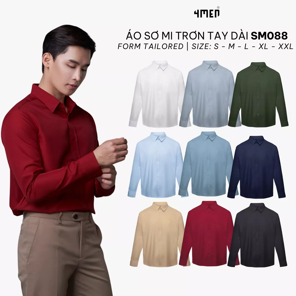 Áo sơ mi nam tay dài trơn đẹp 4MEN SM088 lụa chéo hạn chế nhăn, mềm mịn, form tailored rộng công sở trẻ trung, giá rẻ