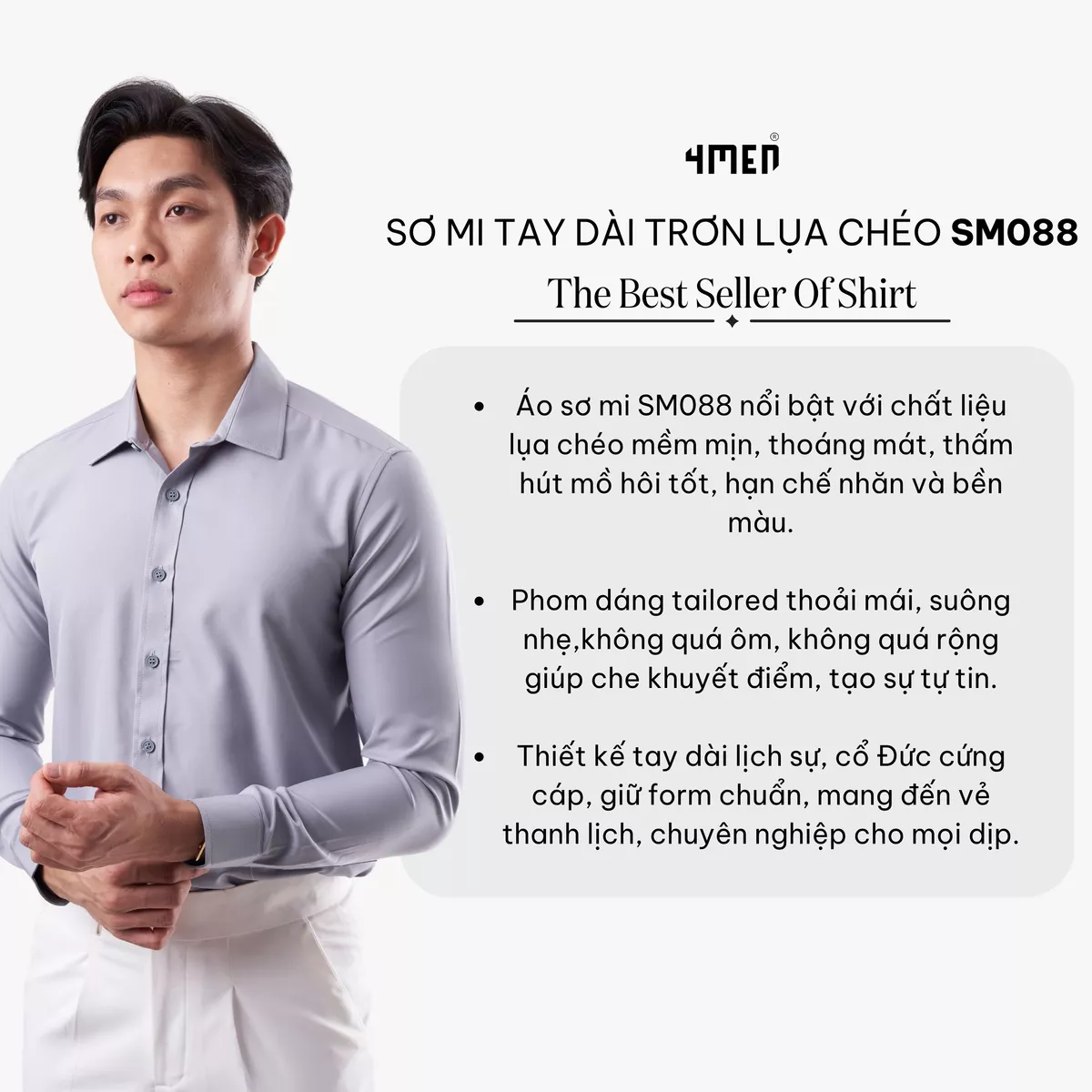 Áo sơ mi nam tay dài trơn đẹp 4MEN SM088 lụa chéo hạn chế nhăn, mềm mịn, form tailored rộng công sở trẻ trung, giá rẻ