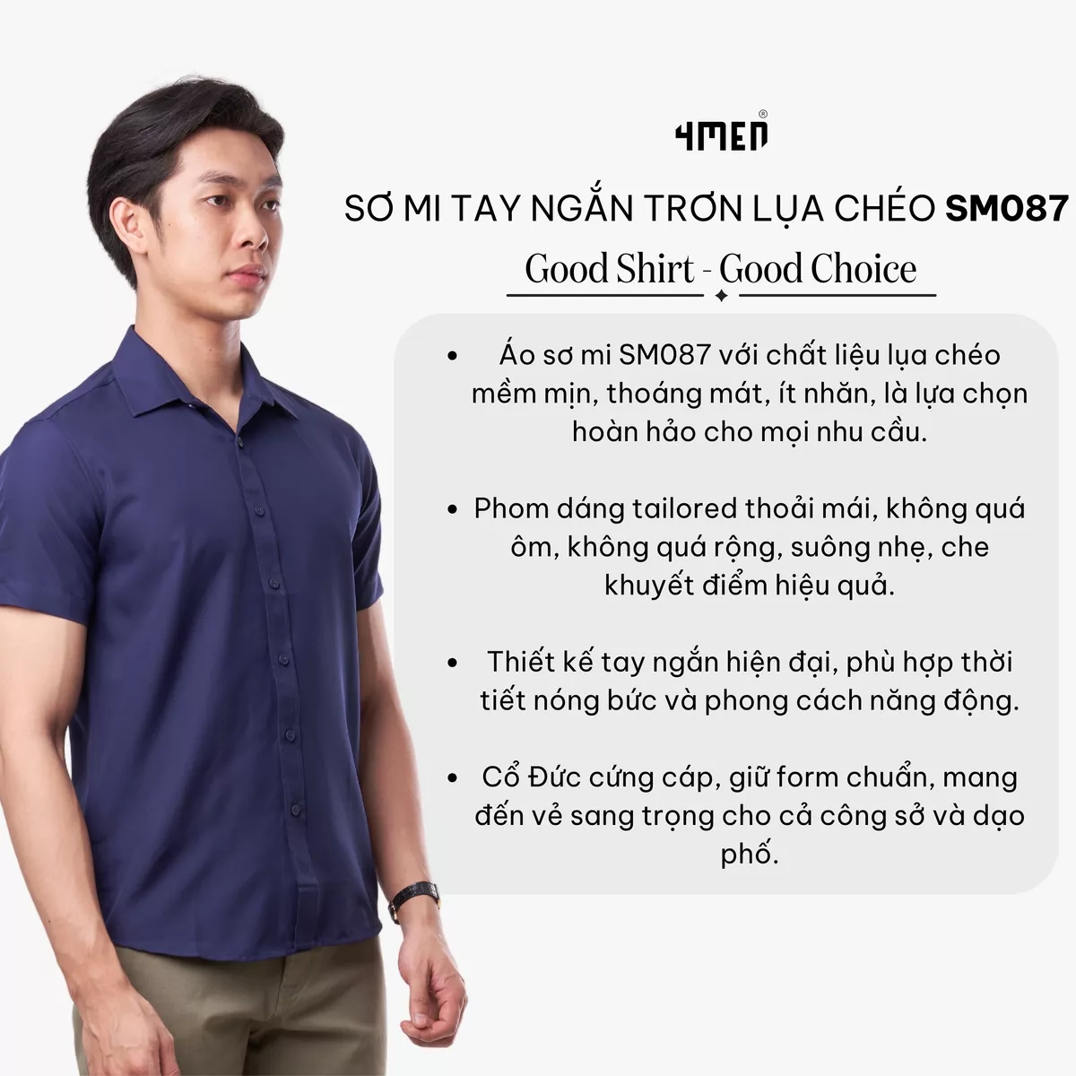 COMBO 2 Áo sơ mi nam tay ngắn trơn đẹp 4MEN SM087 vải lụa chéo mềm mịn, hạn chế nhăn, form tailored công sở trẻ trung