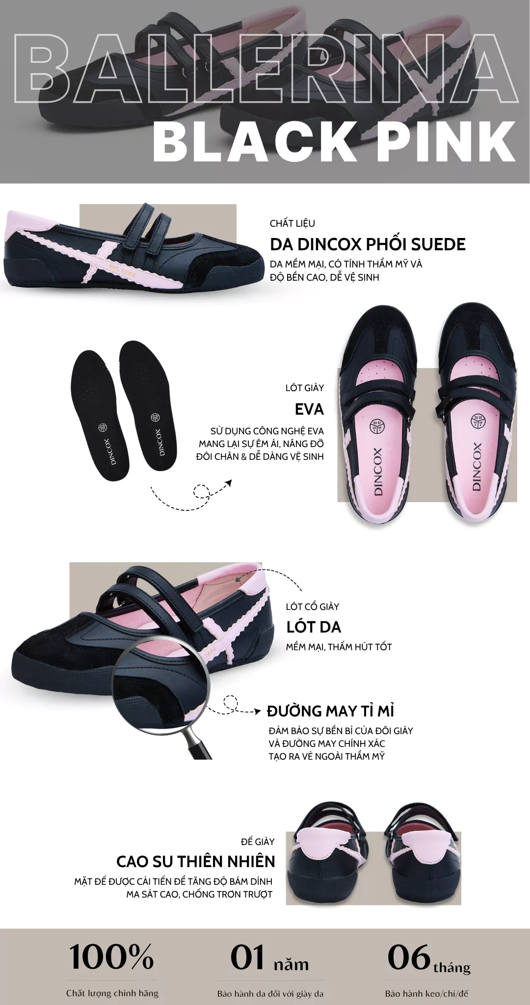 Giày Búp Bê Ballet Sneaker Dincox Mary Jane DC49 Black Pink Êm Chân, Năng Động Cá Tính