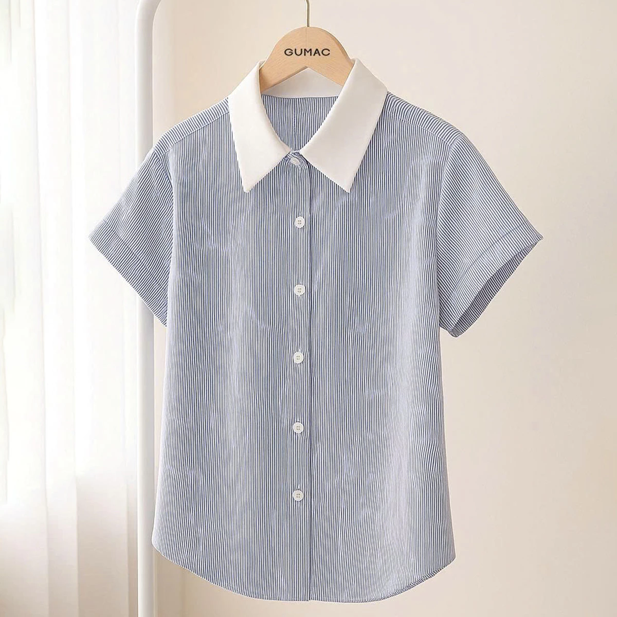 Áo Sơ Mi Nữ GUMAC Áo Kiểu Công Sở Kẻ Sọc Xanh Tay Ngắn Chất Cotton Thiết Kế Phối Cổ Trẻ Trung LAF0322