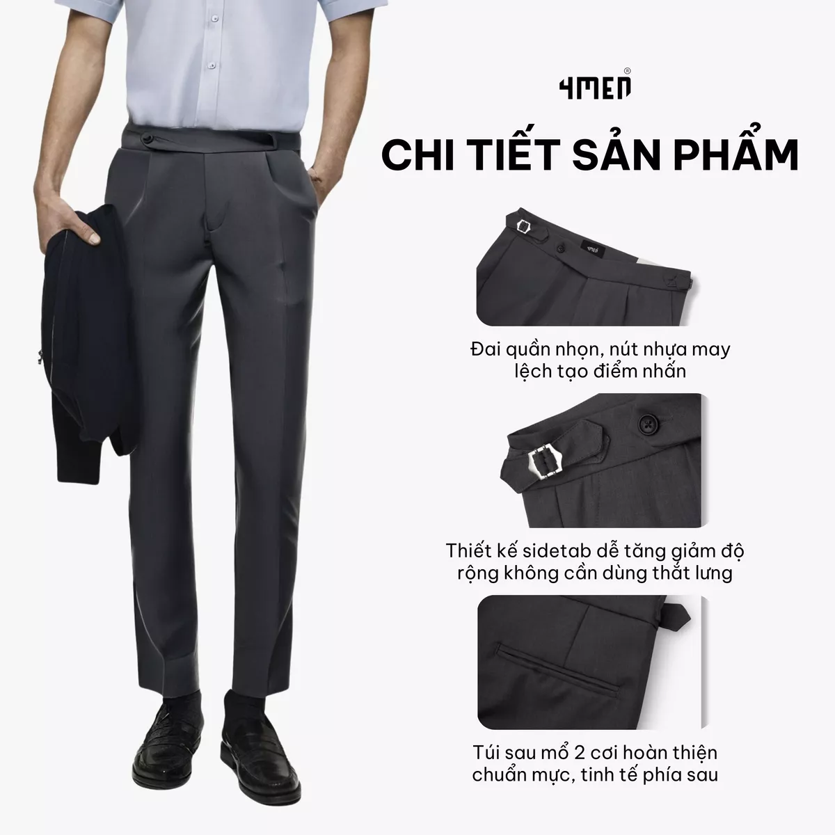 Quần Tây Nam Sidetab 2 Bên Trơn Form Slimfit 4MEN QT069 vải mềm mịn đai quần nhọn lệch bên tôn dáng, công sở trẻ trung
