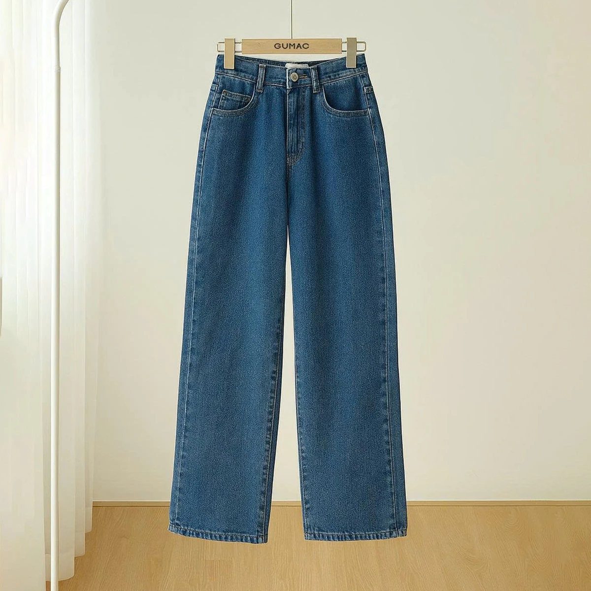 Quần Jeans Nữ Dáng Suông Vừa GUMAC Màu Xanh Đậm Tôn Dáng Chất Jeans Mềm Đứng Form LQJE1109