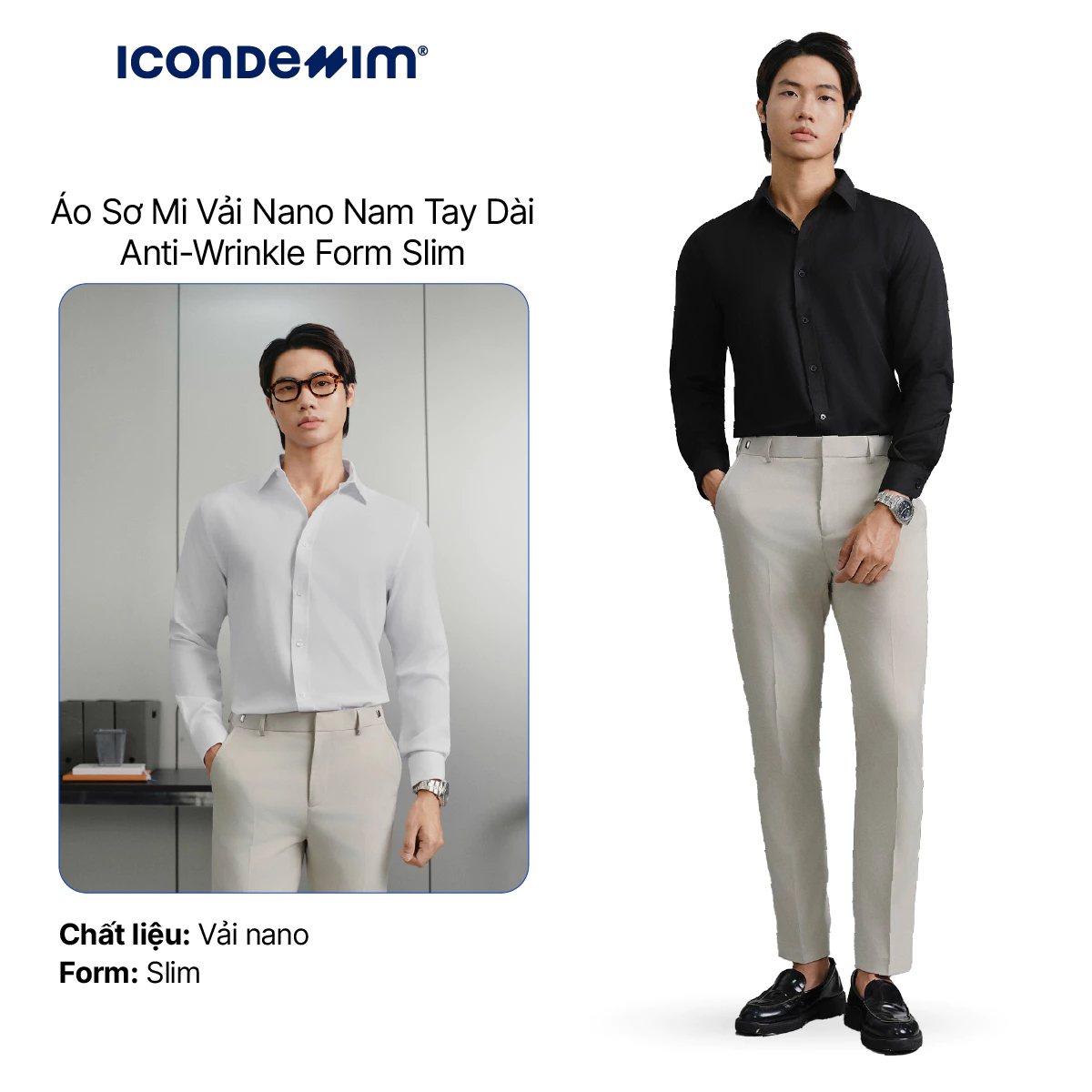 Áo Sơ Mi Vải Nano Nam ICONDENIM Tay Dài Anti-Wrinkle Form Slim SMID0253