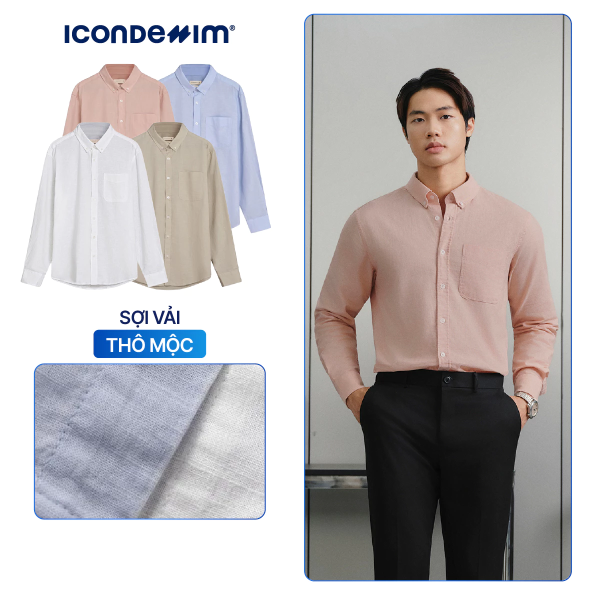 Áo Sơ mi Linen Nam ICONDENIM Tay Dài Pale Wave Form Regular SMID0239
