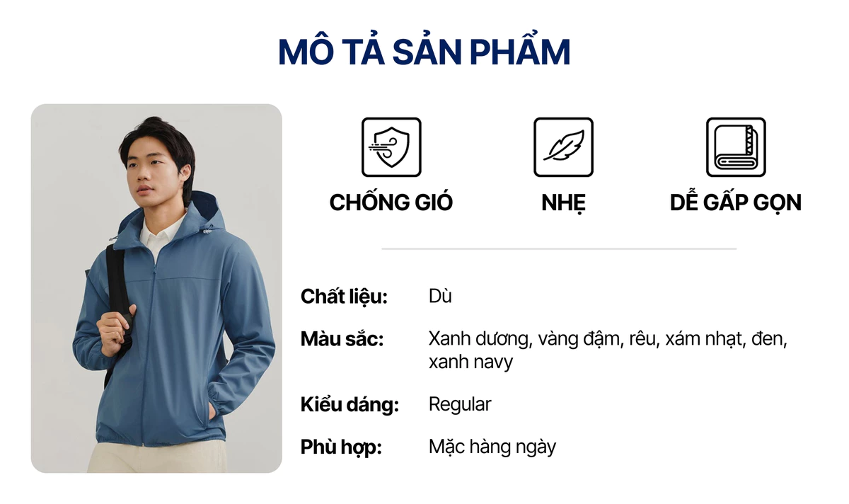 Áo Khoác Dù Nam ICONDENIM Có Nón Mỏng Nhẹ Pocketable Form Regular AKID0196