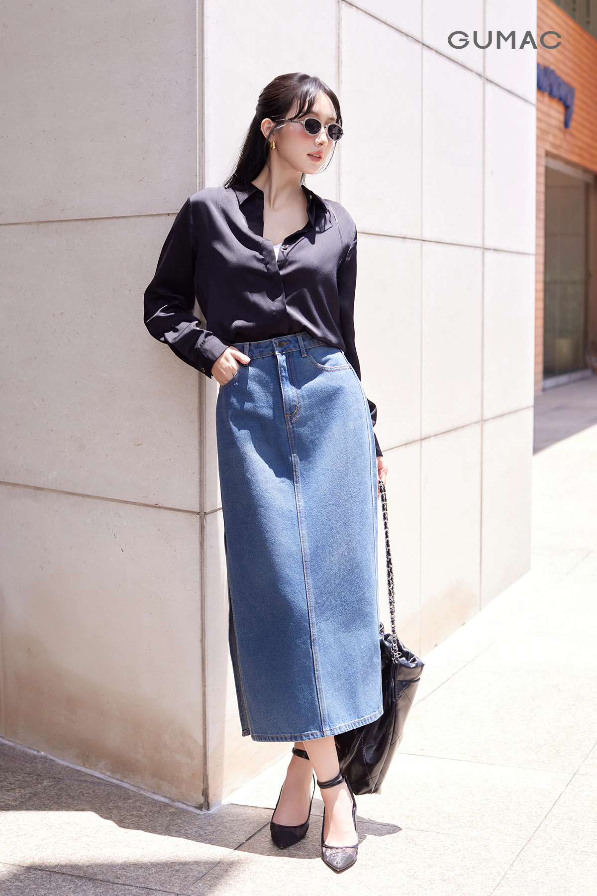 Chân Váy Jeans Nữ GUMAC Chân Váy Bút Chì Dáng Midi Xẻ Tà Tôn Dáng Trẻ Trung VD12037