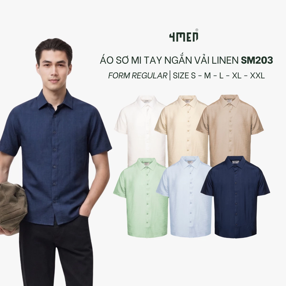 Áo Sơ Mi Nam Tay Ngắn Vải Linen Xước Đẹp 4MEN SM203, Vải Linen Form Regular Menswear