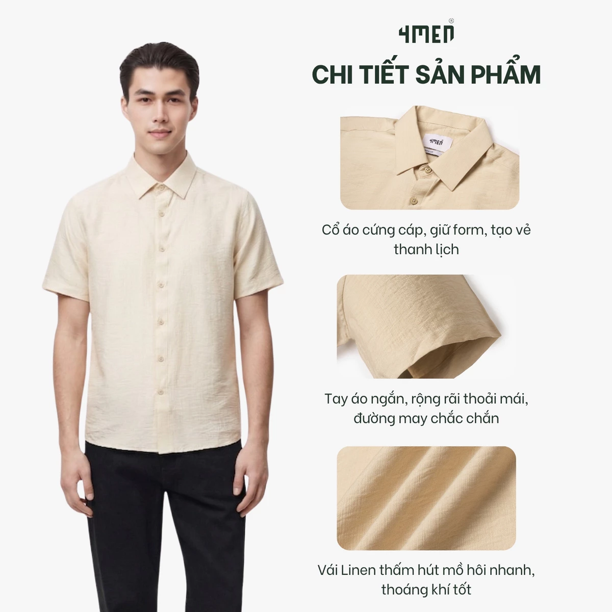 Áo Sơ Mi Nam Tay Ngắn Vải Linen Xước Đẹp 4MEN SM203, Vải Linen Form Regular Menswear