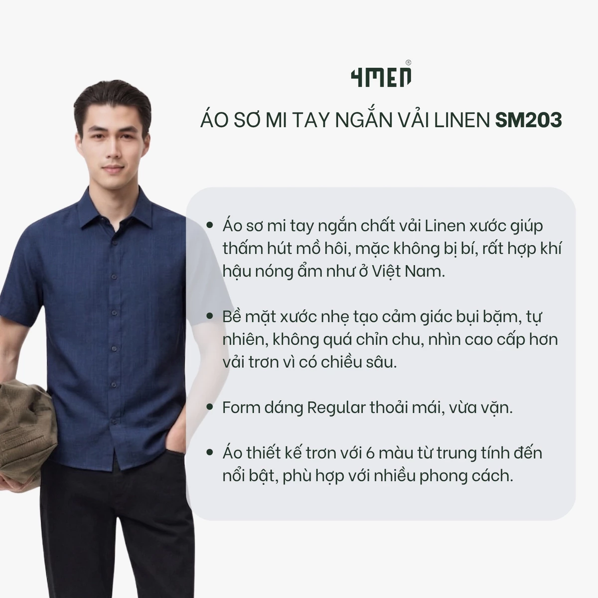 Áo Sơ Mi Nam Tay Ngắn Vải Linen Xước Đẹp 4MEN SM203, Vải Linen Form Regular Menswear