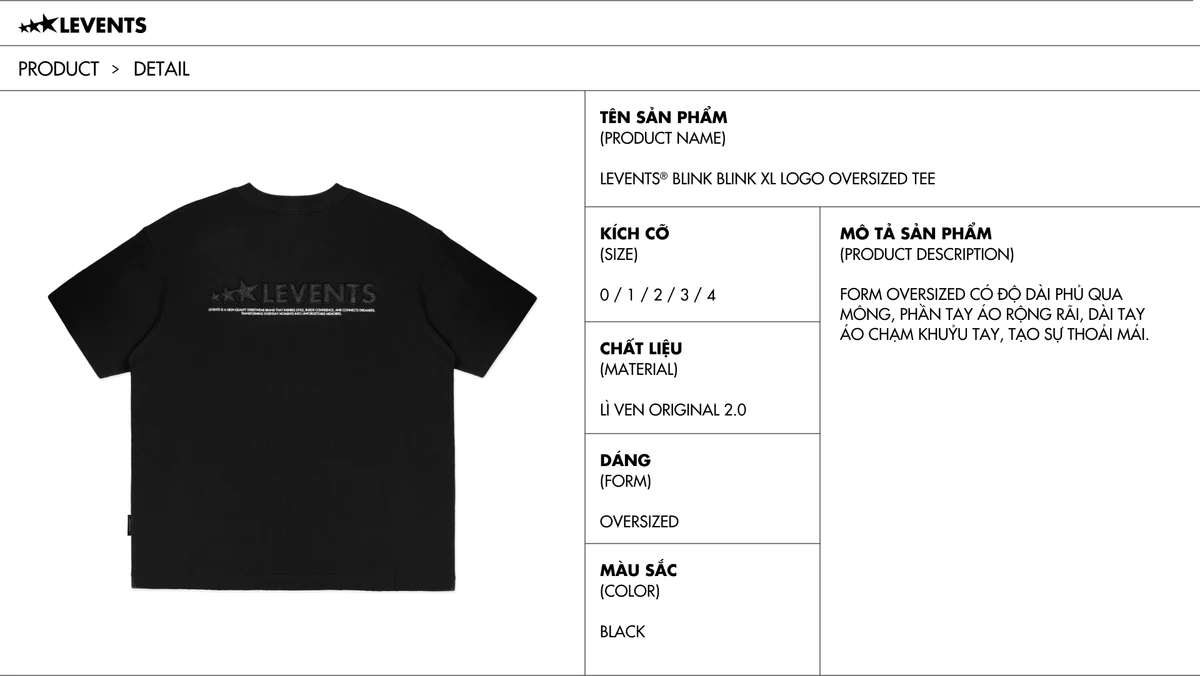 Áo Thun Levents Blink Blink XL Logo Oversized Tee/ Black 100% Cotton T-shirt