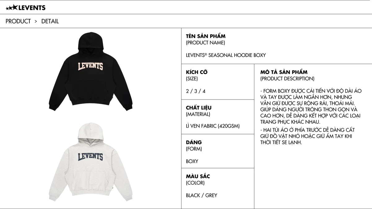 Áo Hoodie Boxy Levents Seasonal Cotton Premium