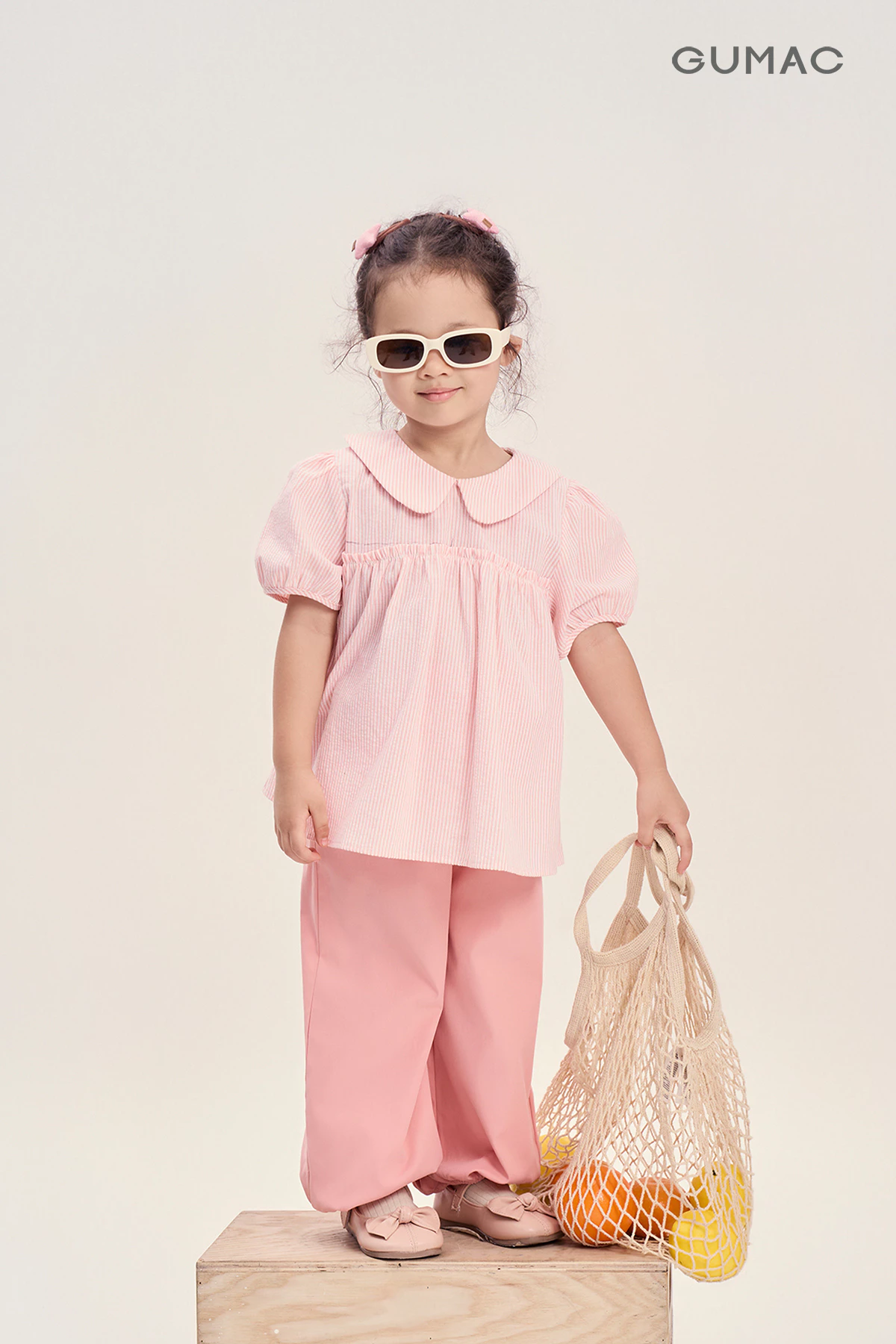 Áo Kiểu Bé Gái GUMAC Form Babydoll Cổ Lá Sen Tay Phồng Kate Sọc Tiểu Thư AKG04050
