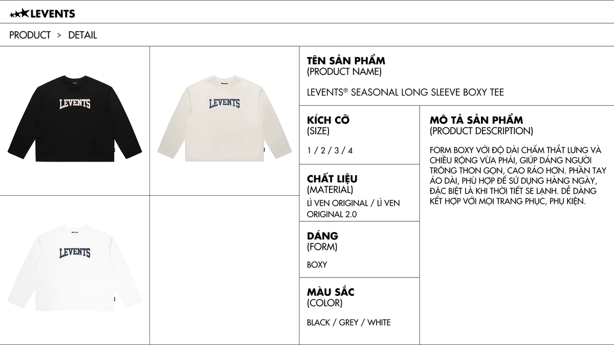Áo Thun Tay Dài Levents Seasonal Long Sleeve Boxy Tee 100% Cotton T-shirt