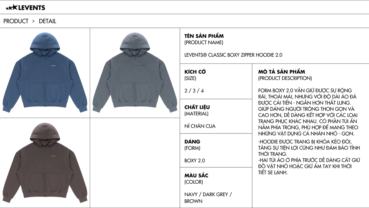Áo Zipper Hoodie Levents Classic Boxy 2.0 Extra Color Nỉ Chân Cua