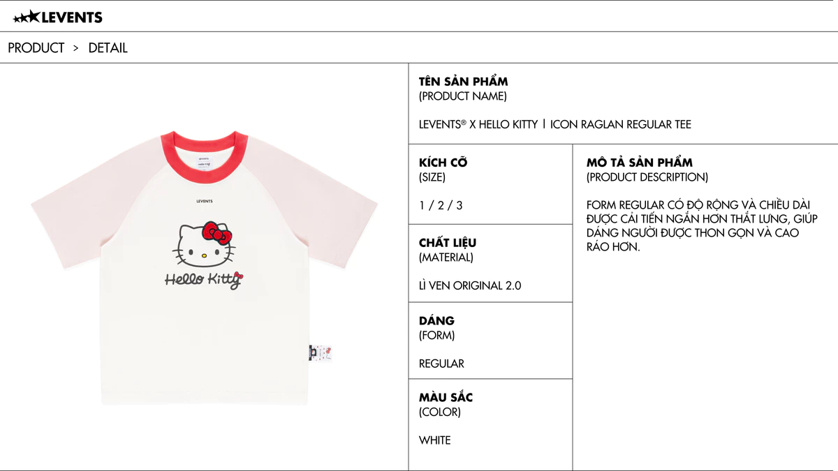 Levents® x Hello Kitty | Áo Thun Regular Icon Raglan Regular Tee/ White 100% Cotton T-shirt