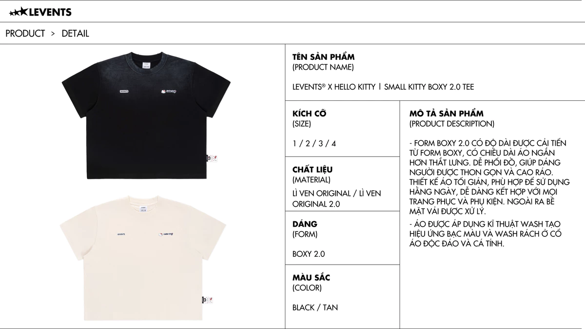 Levents® x Hello Kitty | Áo Thun Small Kitty Boxy 2.0 Tee 100% Cotton T-shirt