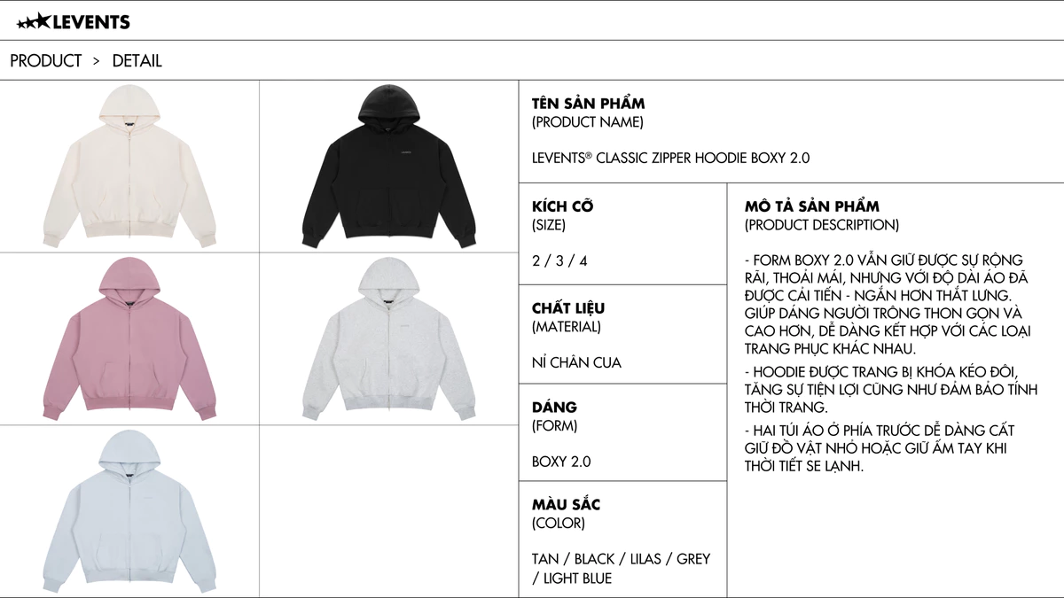 Áo Zipper Hoodie Levents Classic Boxy 2.0 Nỉ Chân Cua