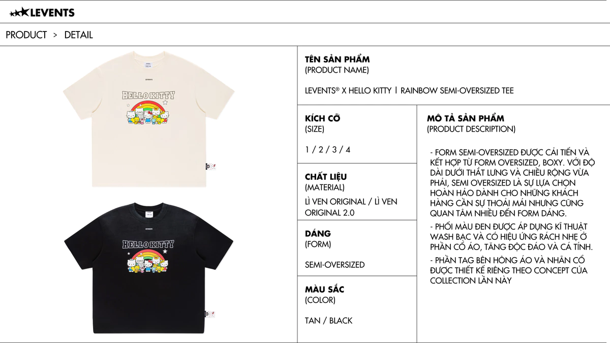 Levents® x Hello Kitty | Áo Thun Rainbow Semi-Oversized Tee 100% Cotton T-shirt