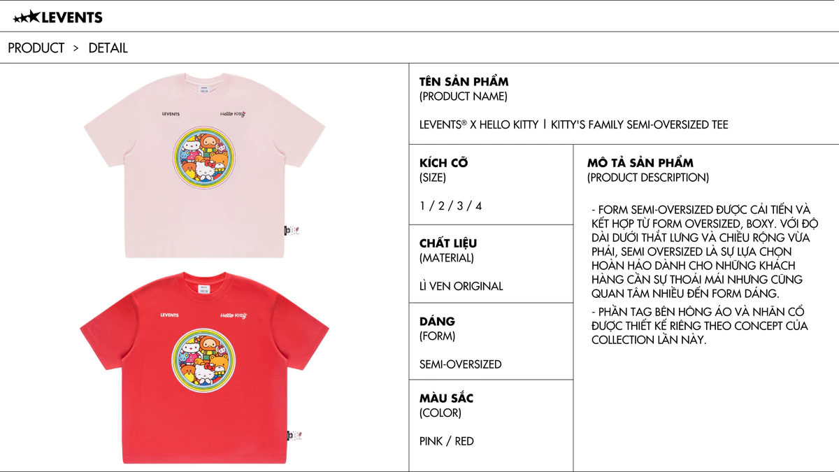 Levents® x Hello Kitty | Áo Thun Kitty's Family Semi-Oversized Tee 100% Cotton T-shirt