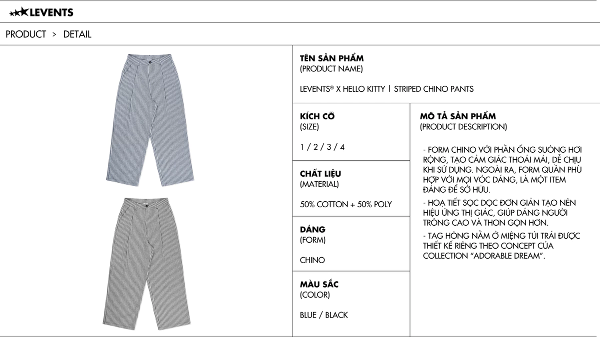 Levents® x Hello Kitty | Quần Khaki Striped Chino Pants Ống Suông Poly Cotton