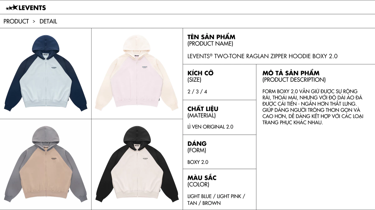 Áo Zipper Hoodie Levents Two-tone Raglan Boxy 2.0 Nỉ Chân Cua