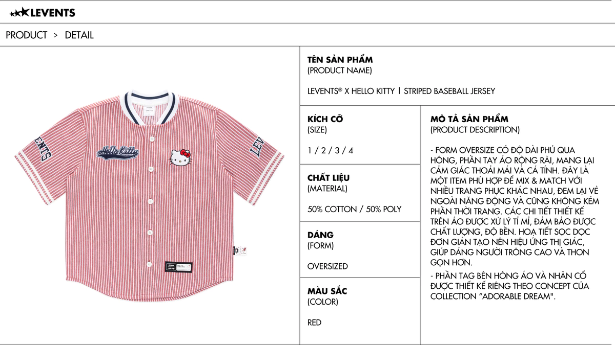 Levents® x Hello Kitty | Áo Striped Baseball Jersey/ Red Poly Pha Cotton Cứng Cáp