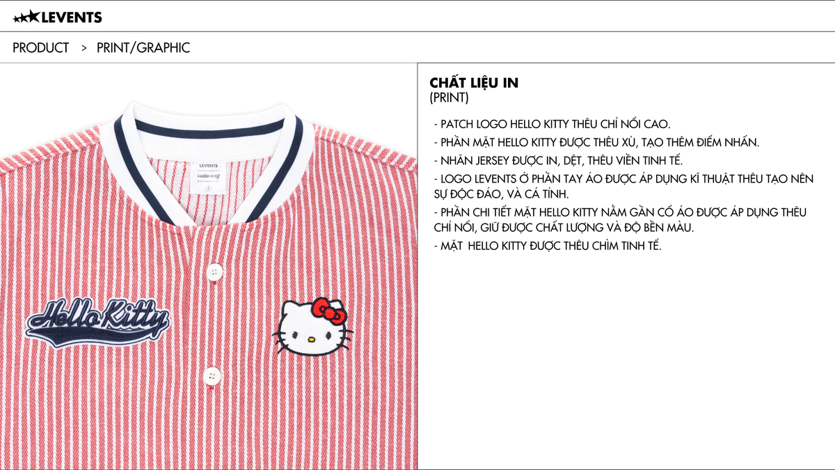 Levents® x Hello Kitty | Áo Striped Baseball Jersey/ Red Poly Pha Cotton Cứng Cáp