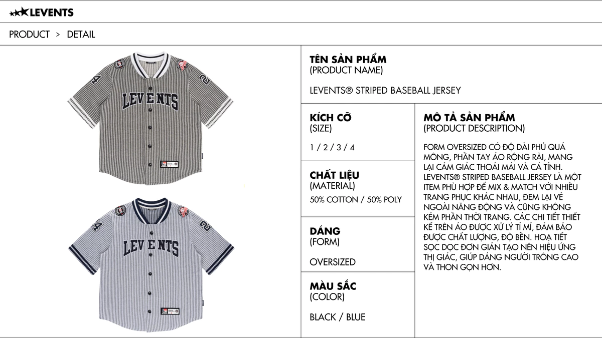 Áo Jersey Levents Striped Baseball Poly Pha Cotton Cứng Cáp