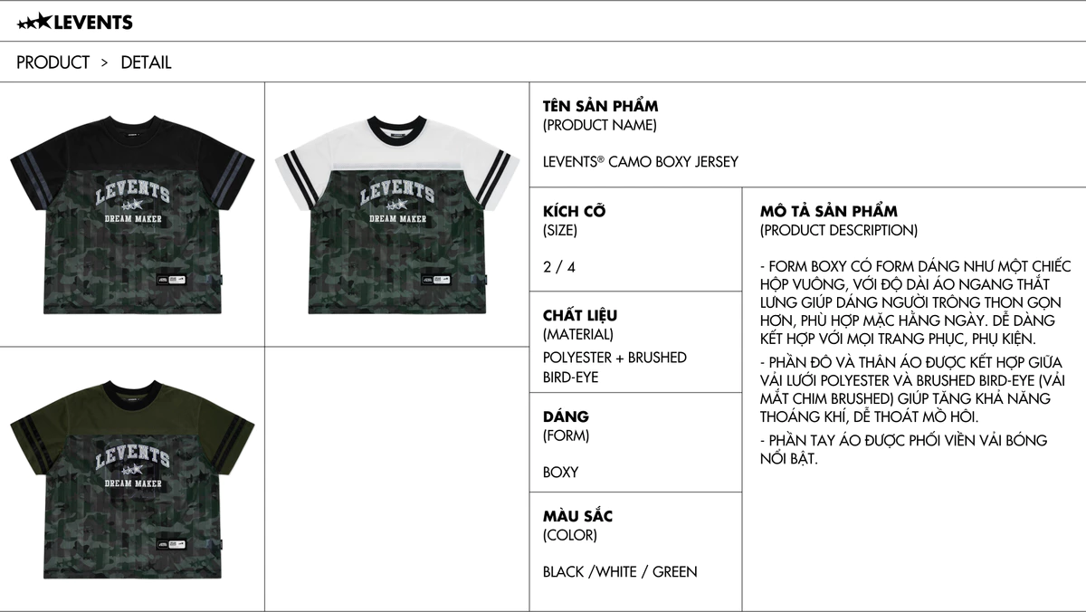 Áo Jersey Levents Camo Boxy Jersey Thun Lưới