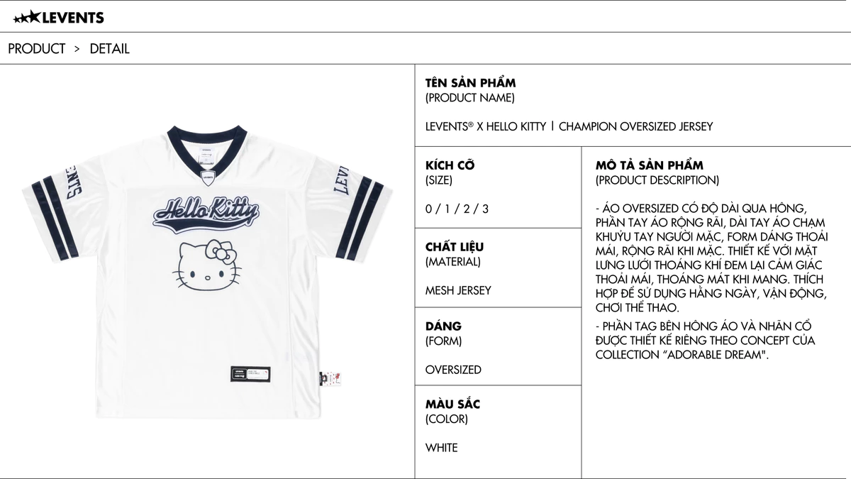 Levents® x Hello Kitty | Áo Jersey Champion Oversized Jersey/ White Thun Lưới Thái Và Tricot Bóng