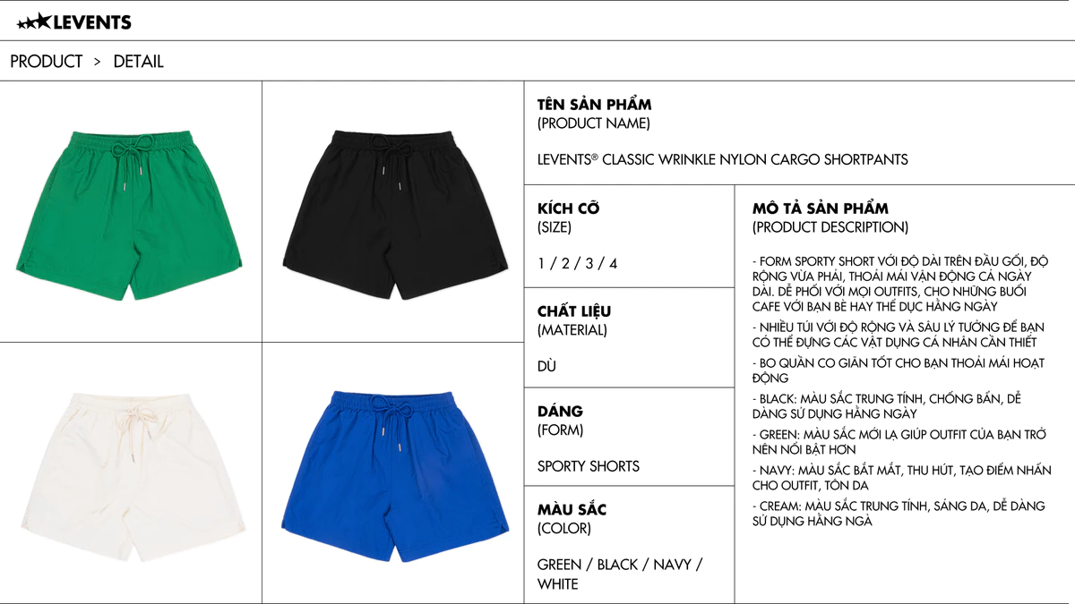 Quần Đùi Dù Levents Classic Wrinkle Nylon Cargo Shortpants Sporty