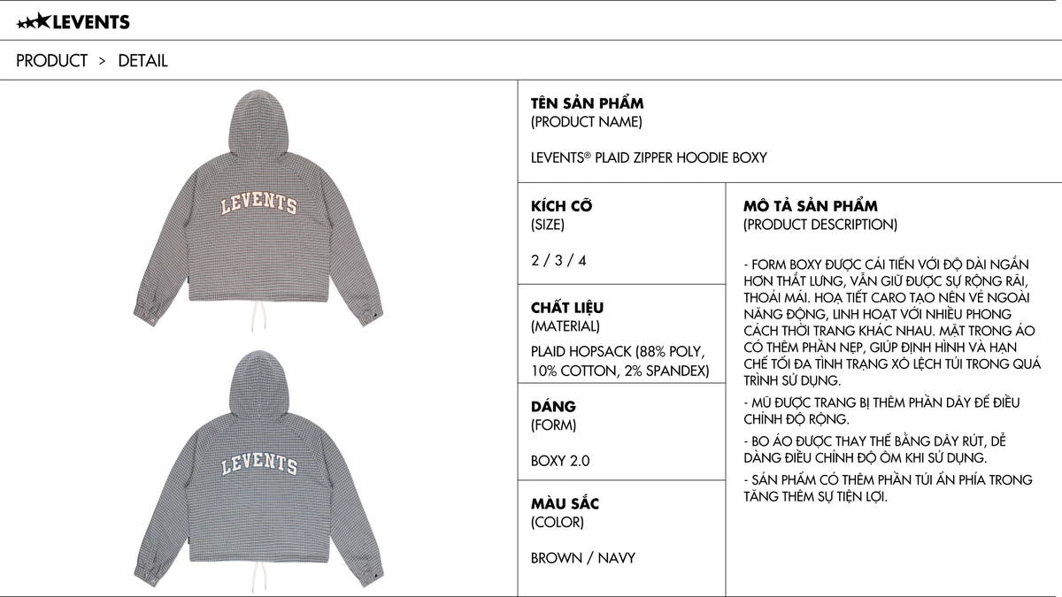 Áo Zipper Hoodie Boxy Levents Plaid Kẻ Sọc Caro Hopsack