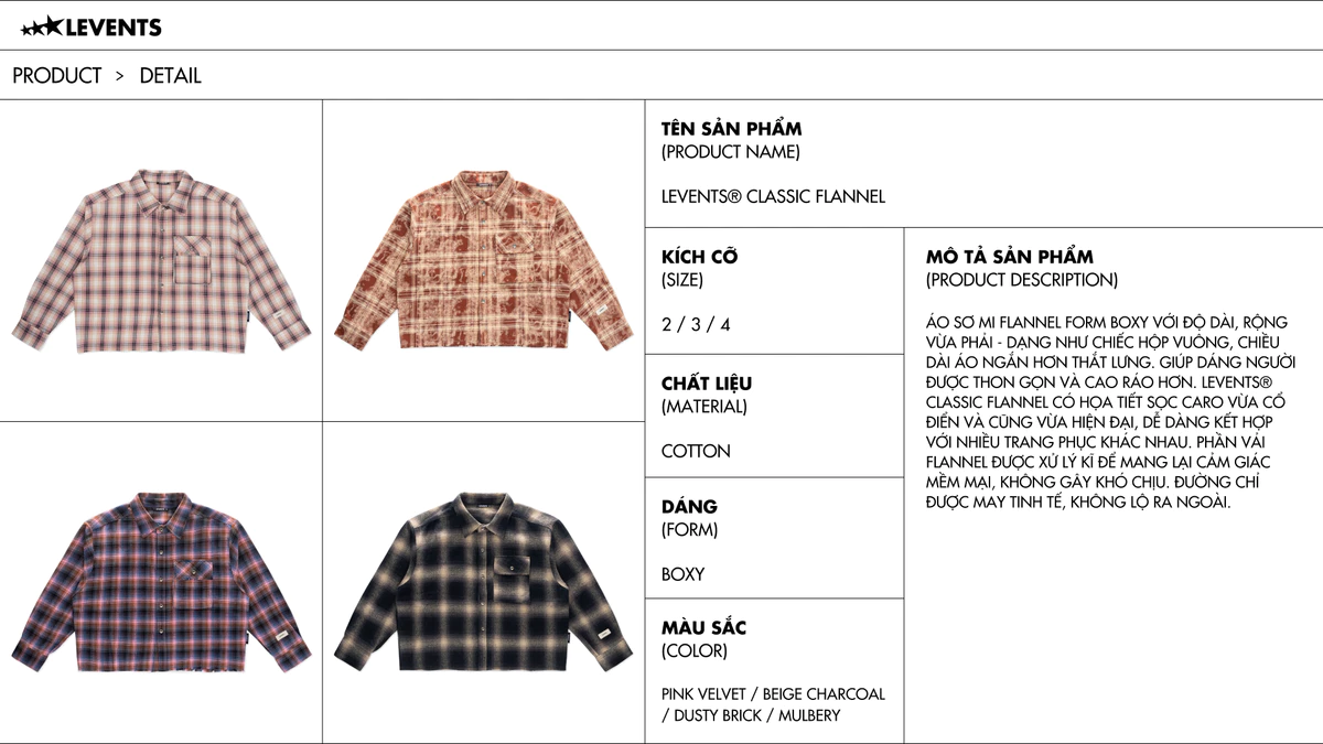 Áo Sơ Mi Levents Classic Flannel Shirt 100% Boxy Cotton
