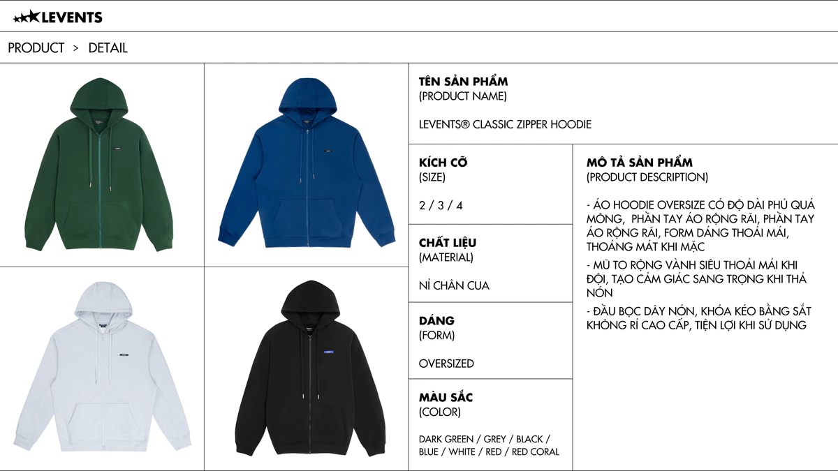 Áo Zipper Hoodie Levents Classic Oversized Nỉ Chân Cua