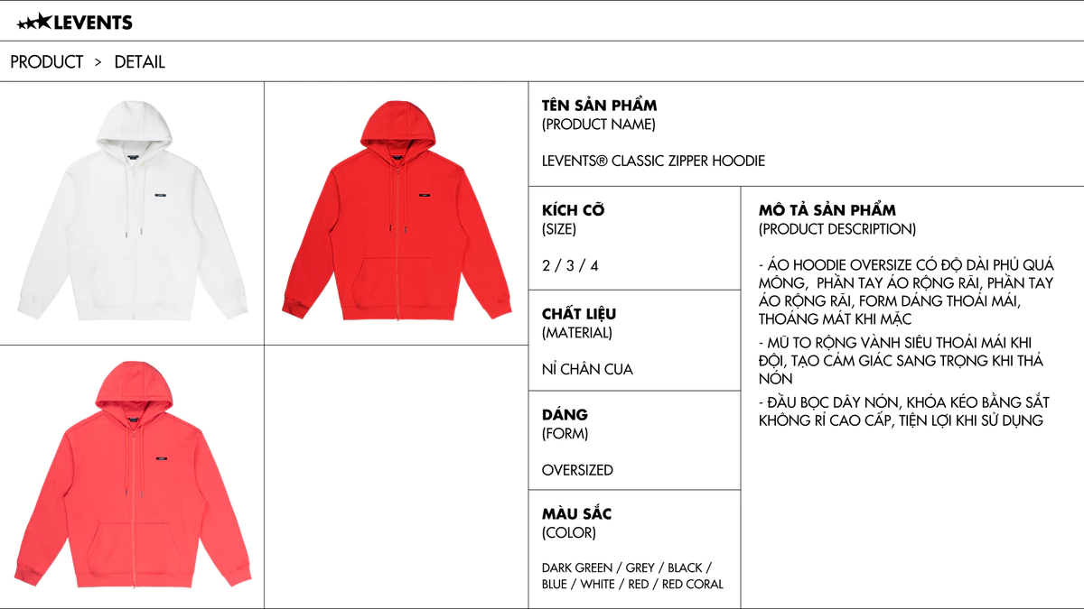 Áo Zipper Hoodie Levents Classic Oversized Nỉ Chân Cua