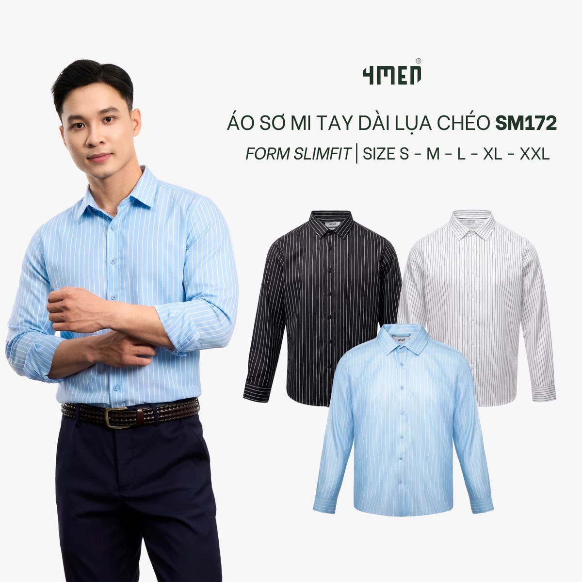 Áo sơ mi nam kẻ sọc 4MEN SM172 tay dài, form slimfit ôm body đẹp trẻ trung, vải lụa chéo mềm mịn hạn chế nhăn giá rẻ