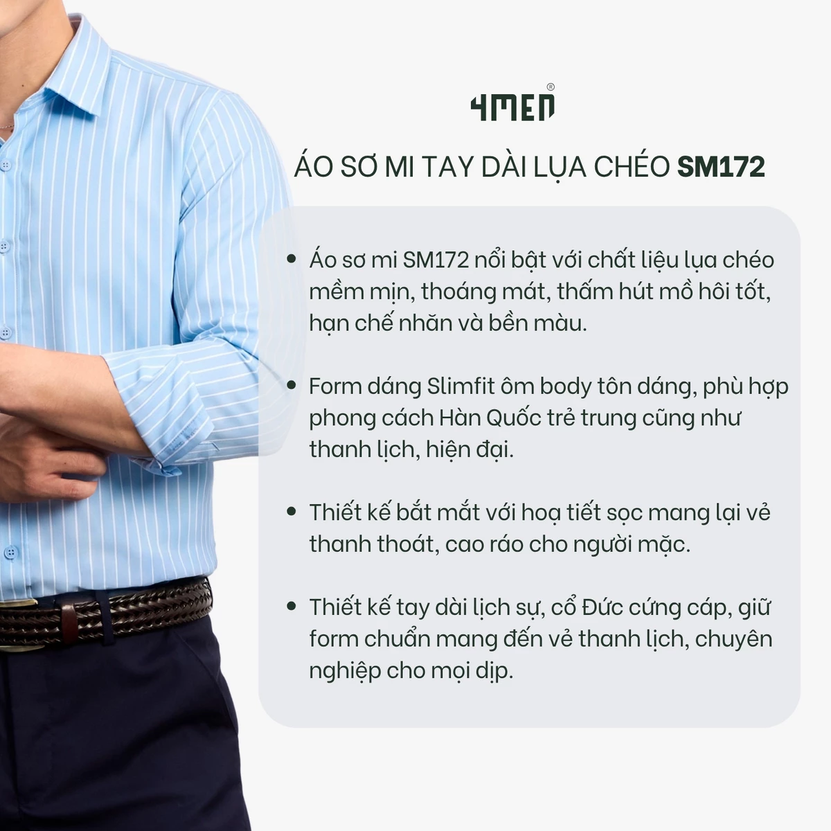 Áo sơ mi nam kẻ sọc 4MEN SM172 tay dài, form slimfit ôm body đẹp trẻ trung, vải lụa chéo mềm mịn hạn chế nhăn giá rẻ