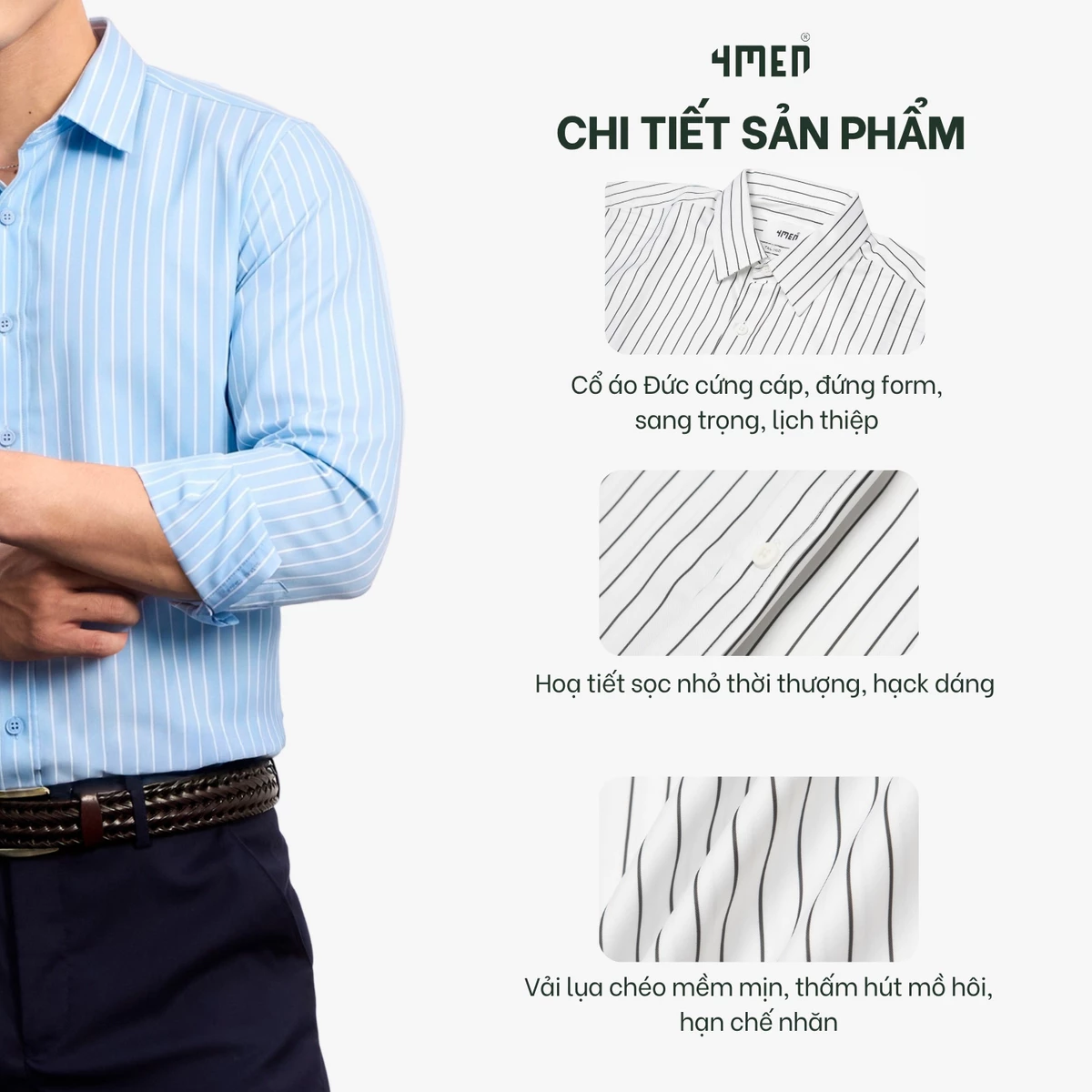 Áo sơ mi nam kẻ sọc 4MEN SM172 tay dài, form slimfit ôm body đẹp trẻ trung, vải lụa chéo mềm mịn hạn chế nhăn giá rẻ