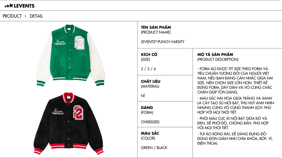 Áo Khoác Varsity Levents Punch Oversized Nỉ Chân Cua