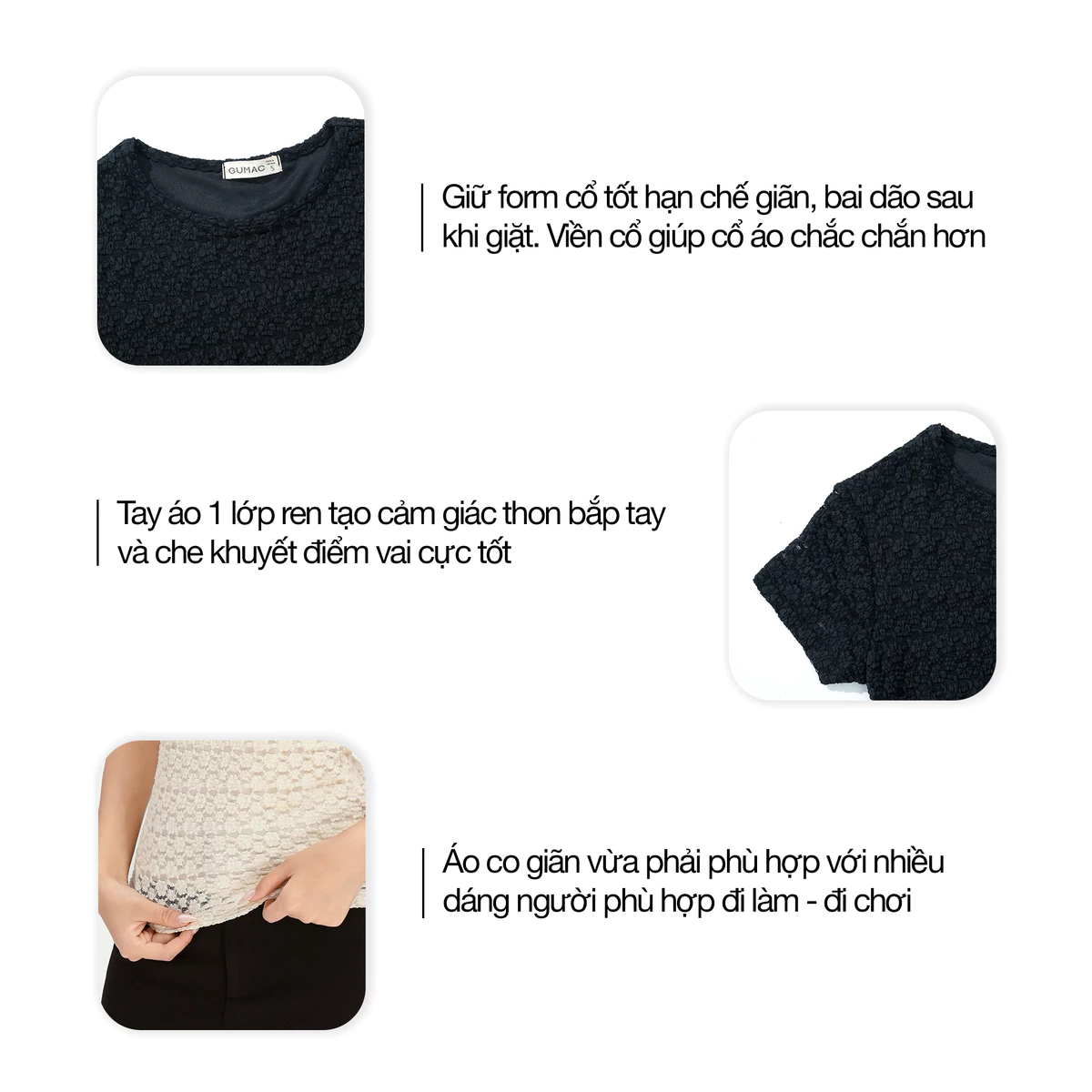 Áo Thun Ren Nữ GUMAC Áo Thun Kiểu Tay Ngắn Cổ Tròn Ôm Nhẹ Co Giãn Thanh Lịch LATF0918